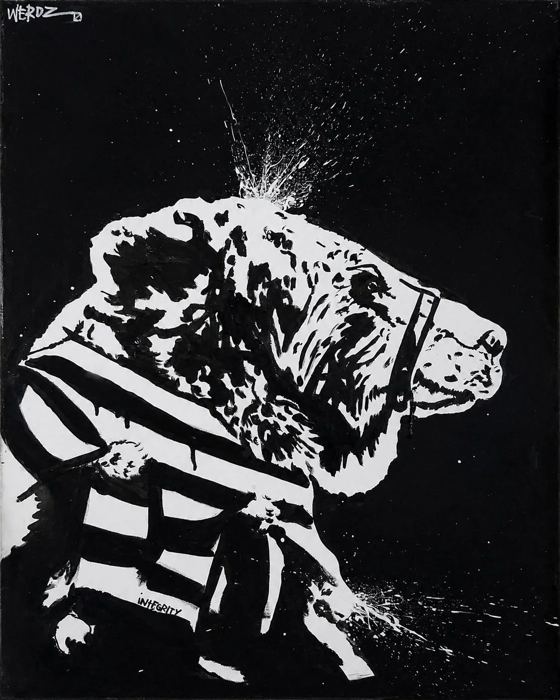 Black and white artwork of a rat wearing a striped shirt, holding a book titled 'Integrity', with a cosmic background and splashes of white paint.