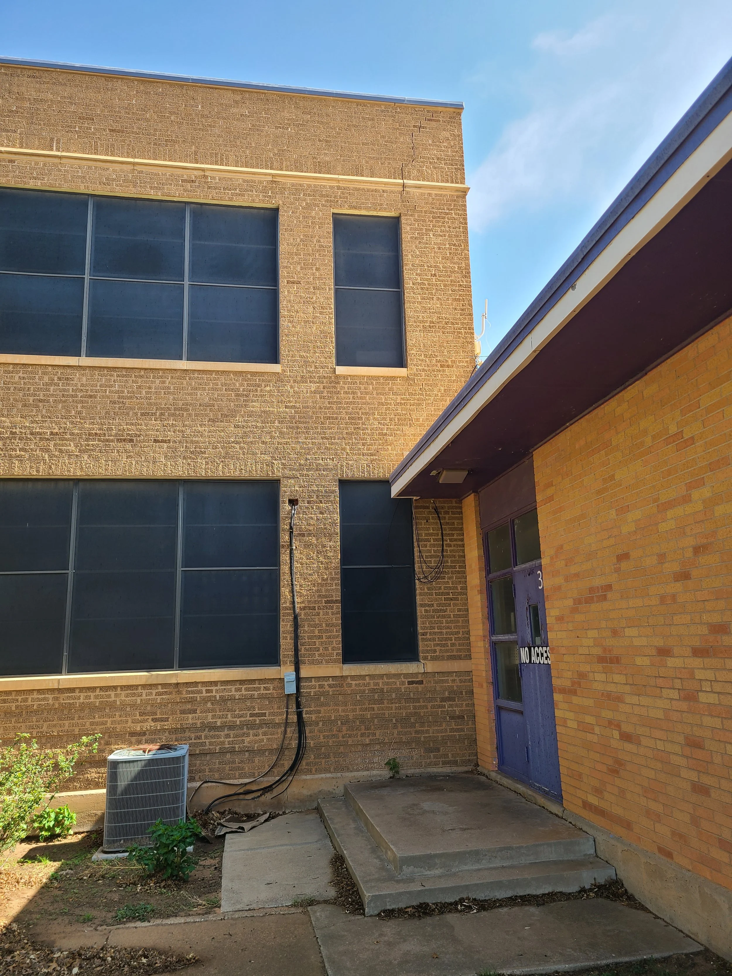 A brick building with large tinted windows. A blue door with a sign that reads 'NO ACCESS' is beside concrete steps leading to the door. There is a small green shrub and an air conditioning unit in front of the building.