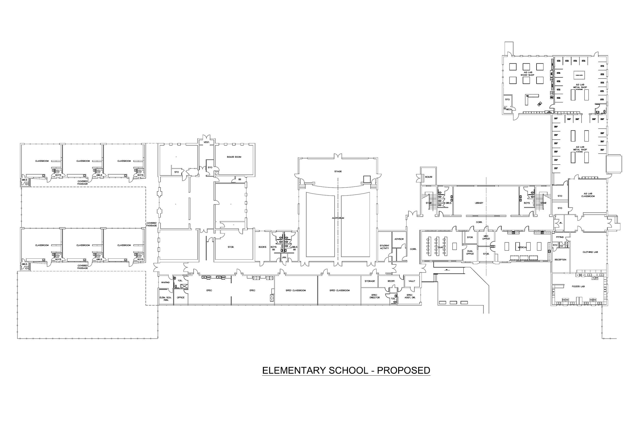 Blueprint layout of a proposed elementary school building, showing classrooms, hallways, and various facilities.