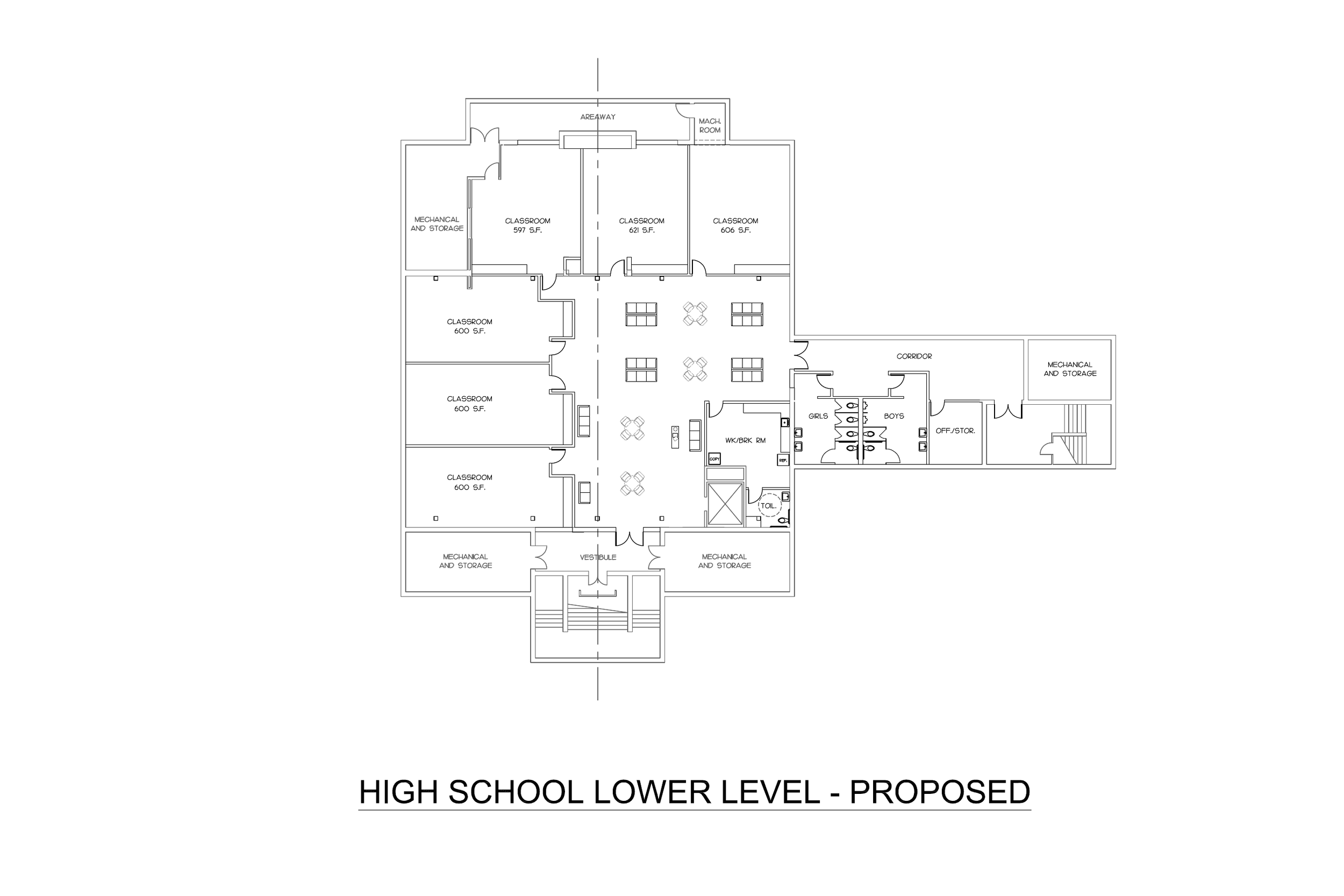 Architectural floor plan of a proposed lower level for a high school, featuring classrooms, mechanical storage rooms, a vestibule, restrooms, an office/storage room, stairways, and hallways.