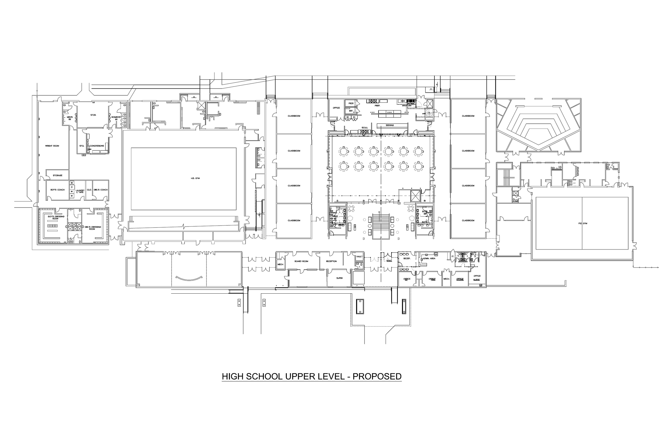 Architectural blueprint of a high school upper level layout, including gyms, classrooms, and administrative areas.