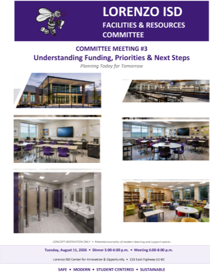 Lorenzo ISD Facilities & Resources Committee meeting poster showing images of school building, classrooms, restrooms, and a student lounge.
