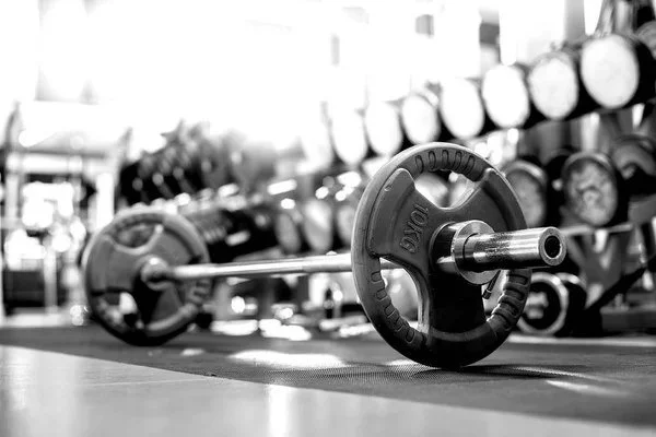 Barbell with weight plates on a gym floor, with dumbbells in the background.