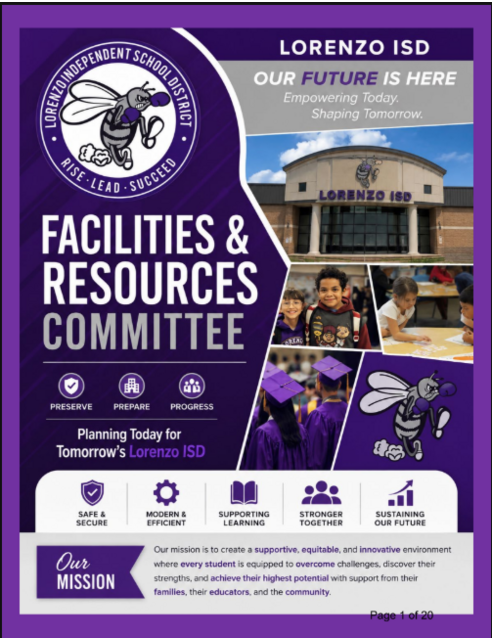 Lorenzo ISD Facilities & Resources Committee brochure featuring a logo with a bee, a school building, students in purple caps, and icons for safety, modernization, learning, and sustainability.