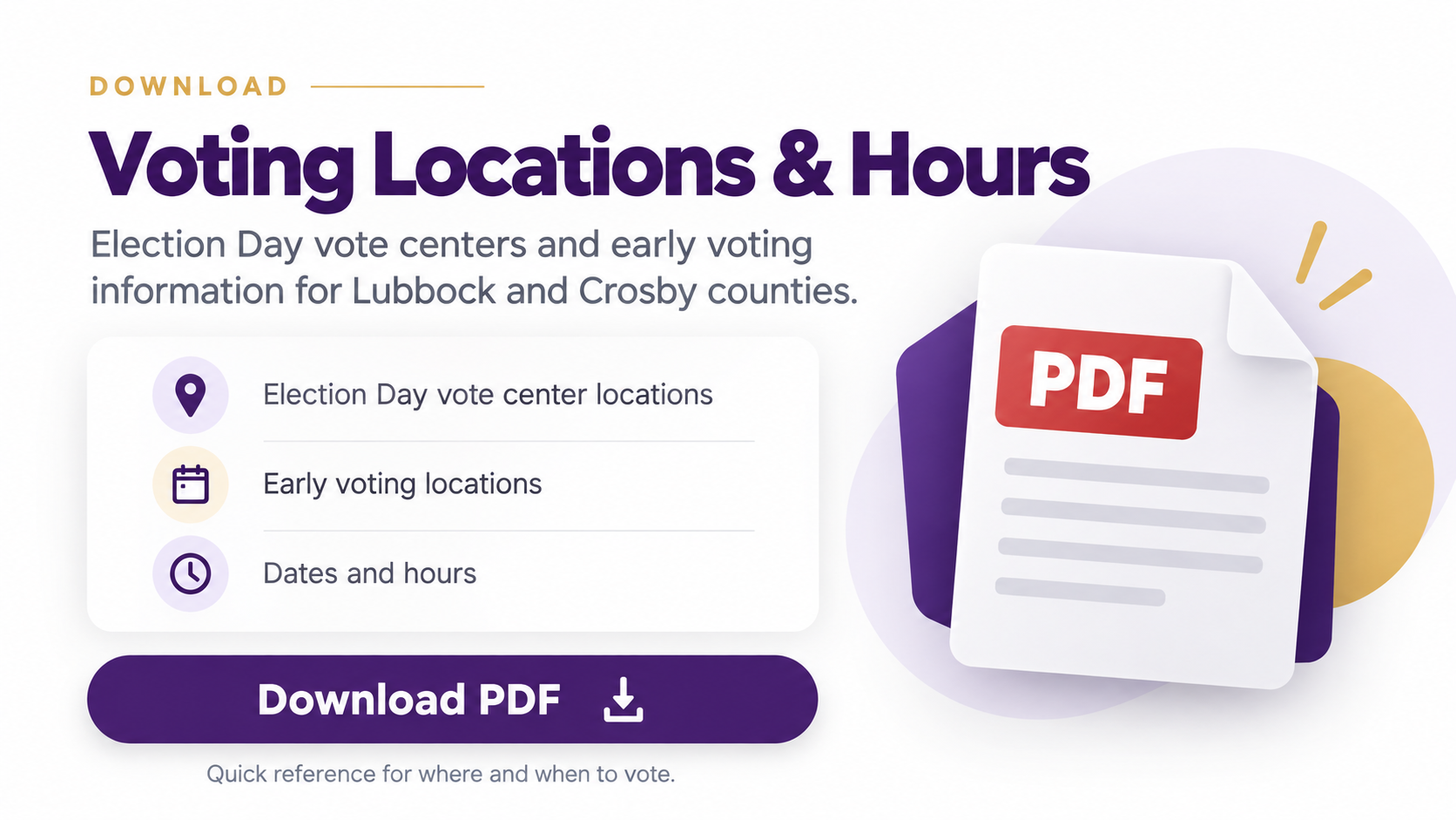A digital graphic about voting locations and hours, featuring icons for voting sites, early voting, and dates, with a prominent purple 'Download PDF' button, and a stylized PDF document icon.