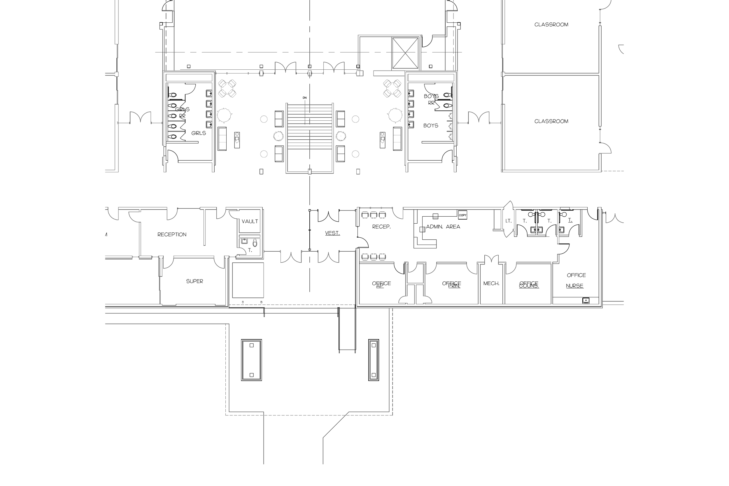 Architectural floor plan of a building with labeled rooms including classrooms, reception areas, offices, restrooms, and utility rooms, with a central staircase and symmetrical layout.