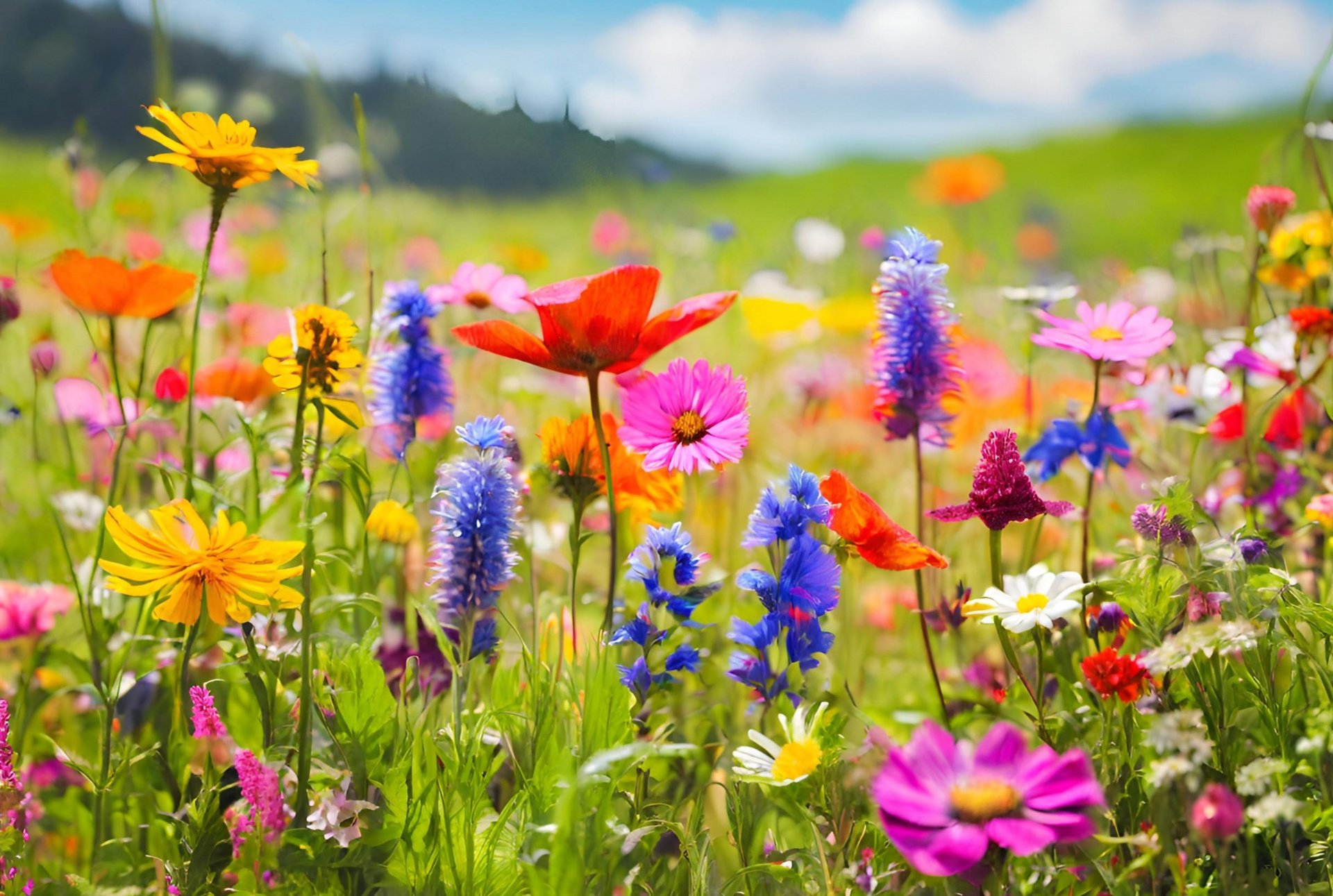 Colorful wildflowers in a green meadow with hills and trees in the background, under a partly cloudy sky.