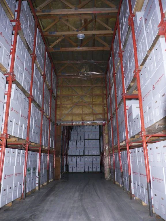 Boxes of tree seedlings stacked high in a warehouse for cold storage