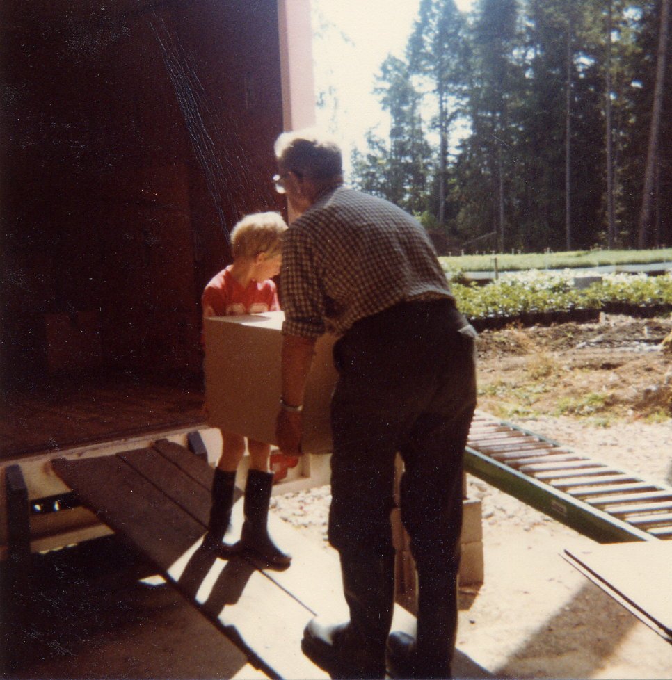 An elderly man helping a young child carry a cardboard box outside a building on a sunny day with trees in the background.