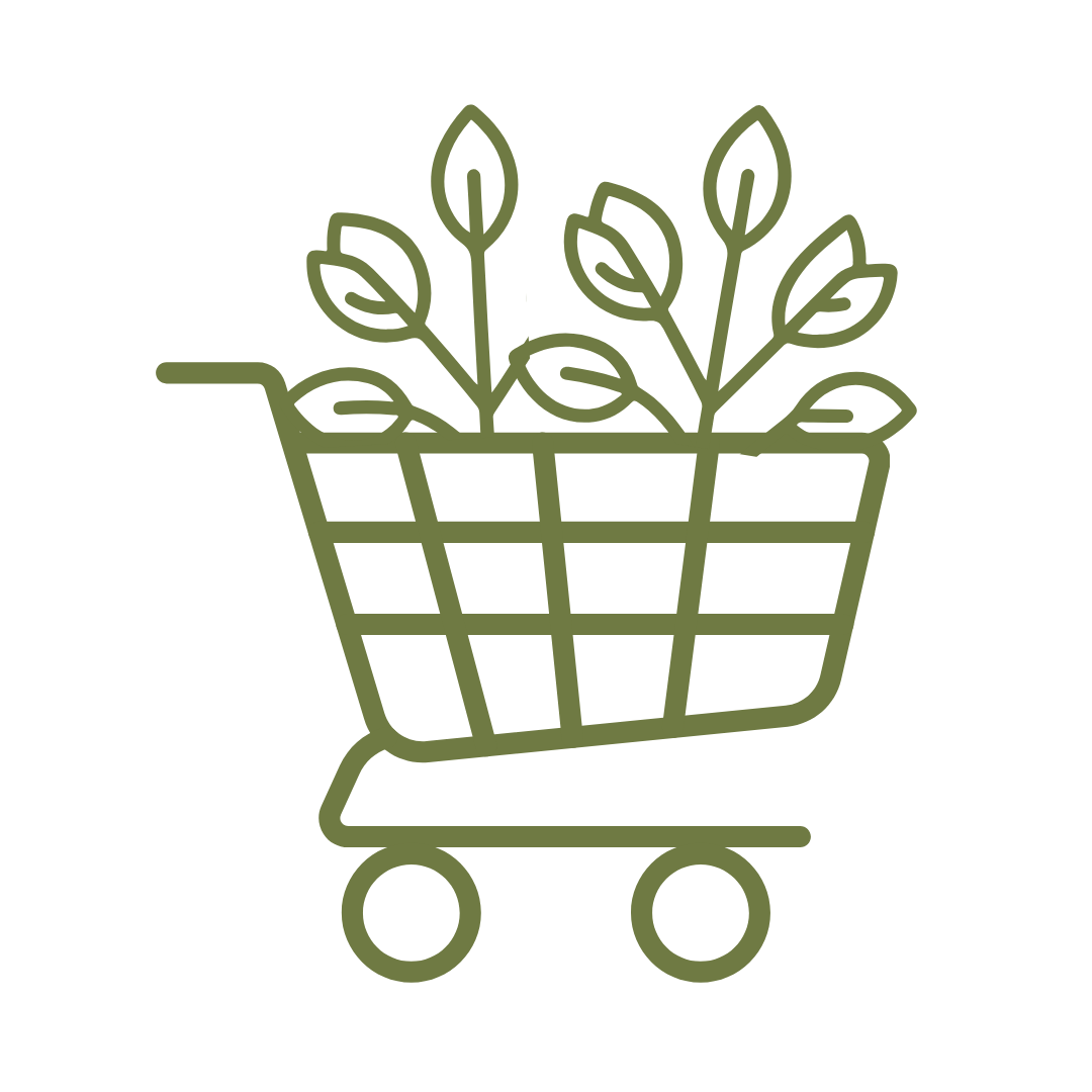 Outline of a shopping cart filled with leafy plants.