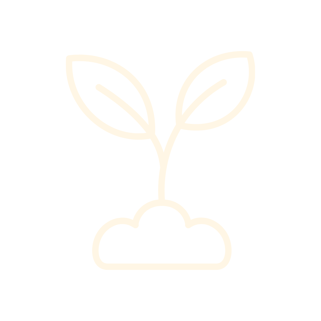 Line drawing of a small plant with two leaves growing from soil against a black background.