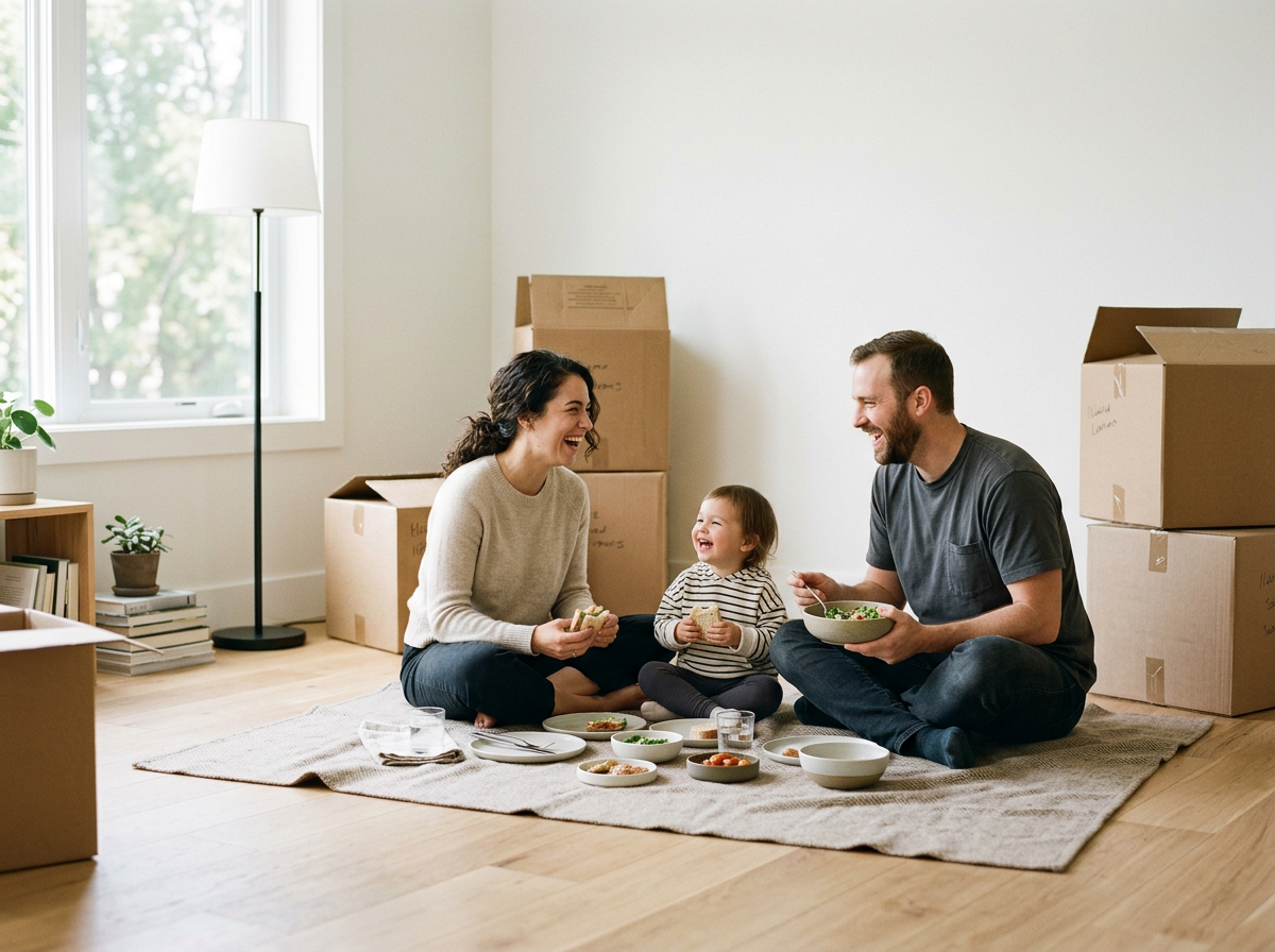 Family of three sitting on a rug, smiling and enjoying a meal with boxed belongings and a window in the background.