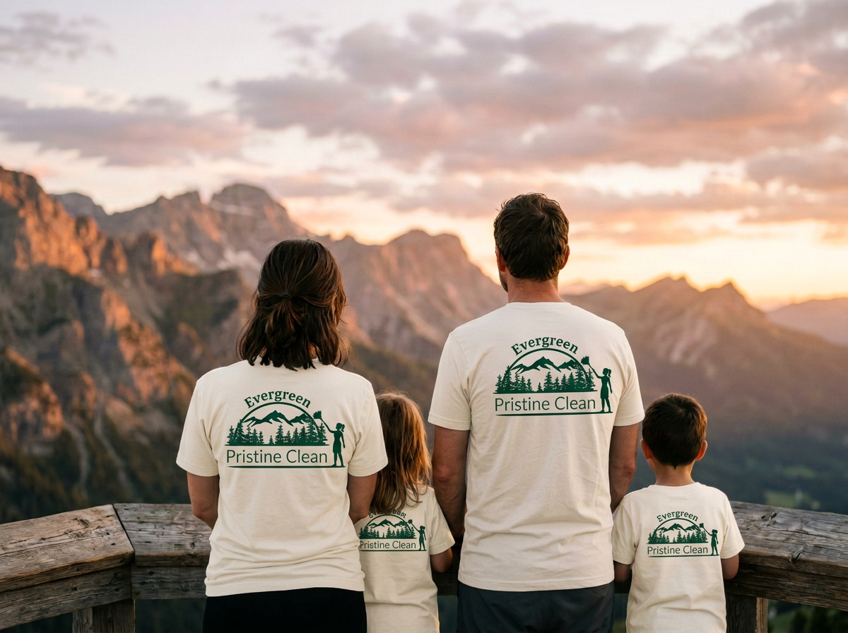 A family of four, wearing matching t-shirts with a green mountain and tree design and the words 'Evergreen Pristine Clean,' stands on a wooden overlook, looking at a mountain range during sunset.