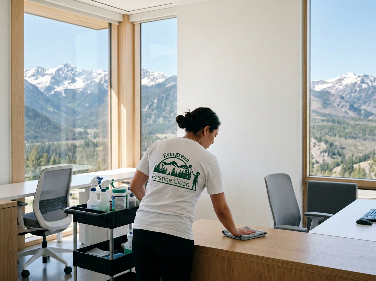 Woman in white t-shirt with green logo and text cleaning a wooden table in an office with large windows showing mountains.