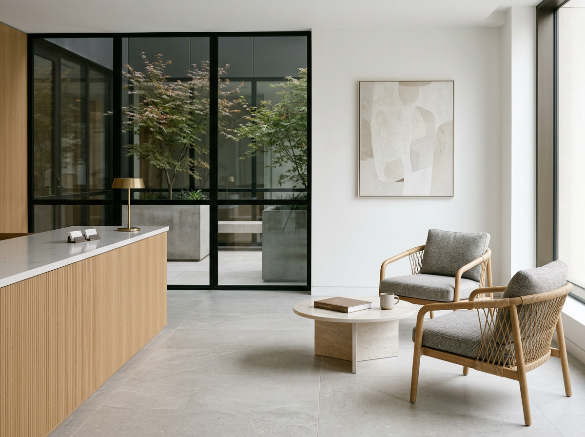 Modern minimalist interior with two armchairs, a small round coffee table, a framed abstract art on the wall, and large windows showing trees outside.