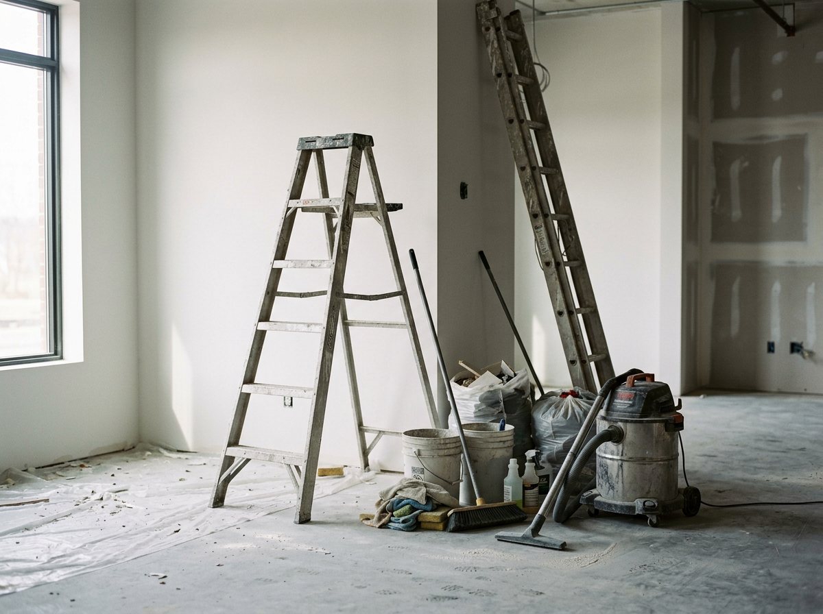 Interior of a room under construction with ladders, cleaning tools, bags of construction debris, and a vacuum cleaner.