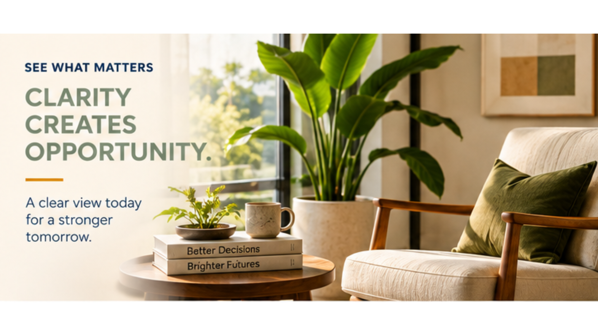 “See what matters. Clarity creates opportunity. A clear view today for a stronger tomorrow.” Sunlit plants and a mug above books labelled “Better Decisions” and “Brighter Futures.”