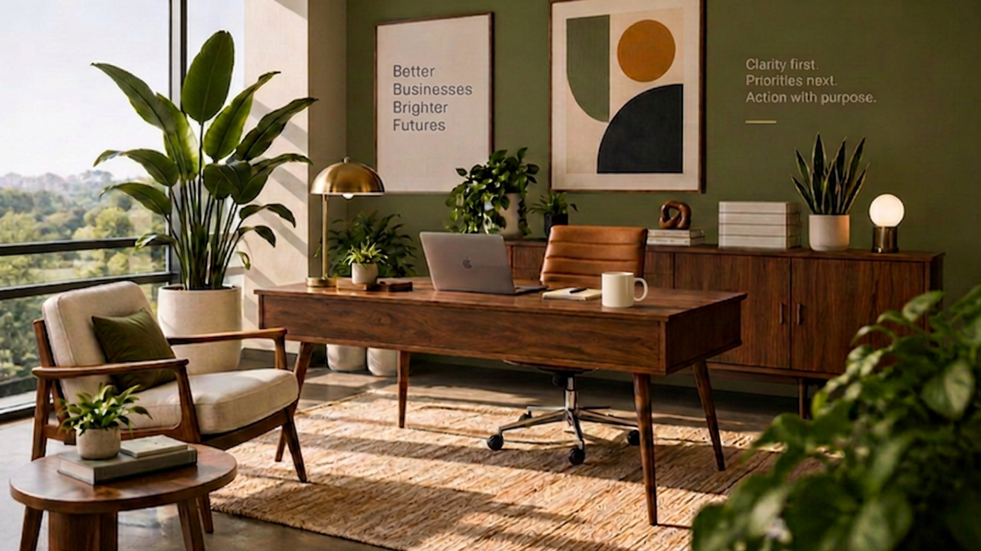 Office with plants and geometric artwork. Wall messages read: “Better Businesses Brighter Futures” and “Clarity first. Priorities next. Action with purpose.”