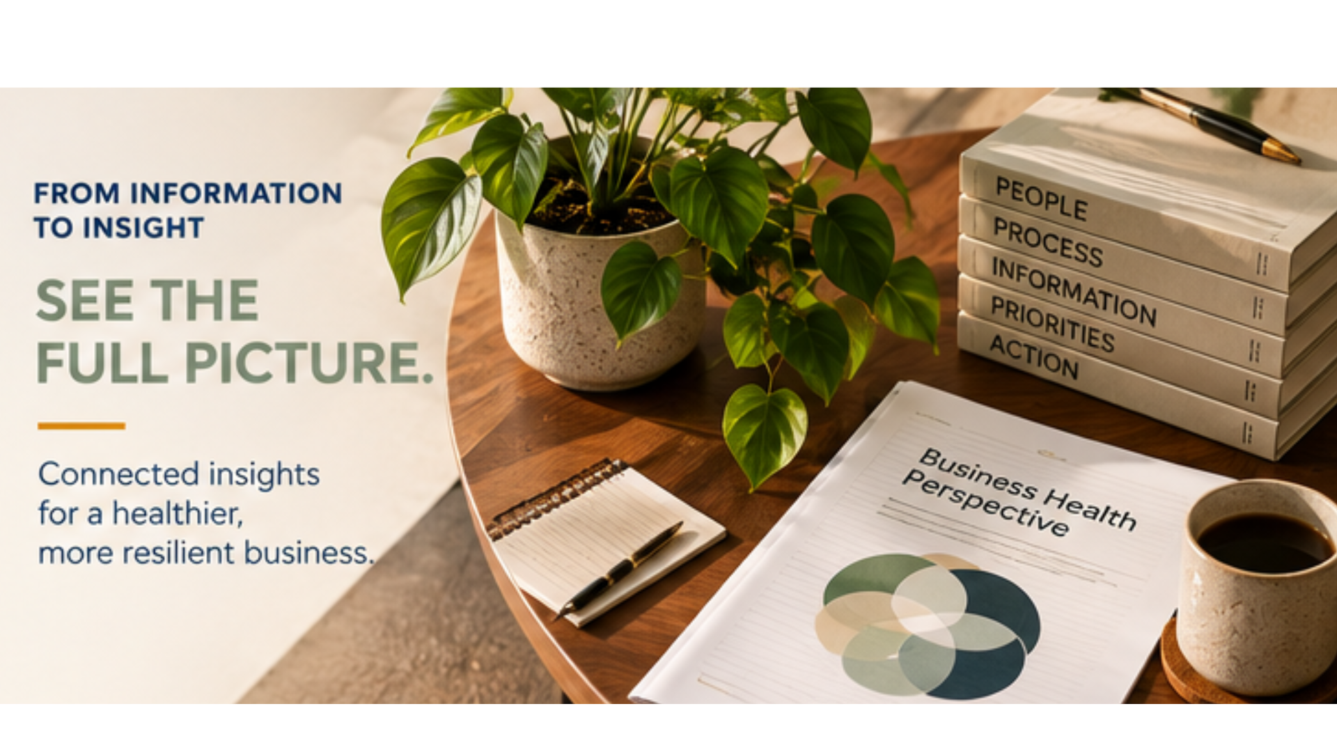 From information to insight. See the full picture. Connected insights for a healthier, more resilient business. Desk with books and a Business Health Perspective report.