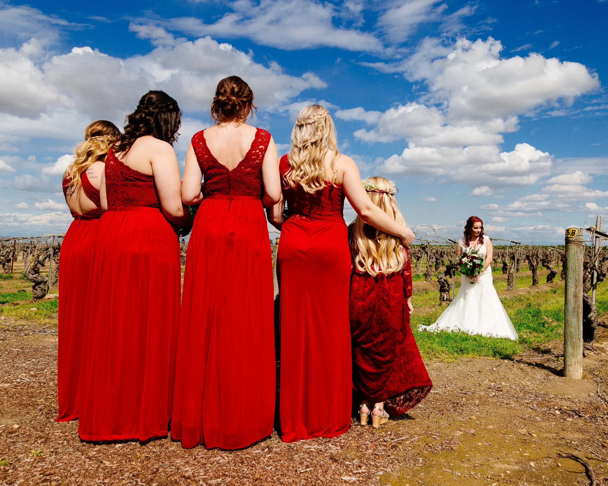 Bridal party in red dresses standing in a vineyard, with a bride holding a bouquet and a wedding dress in the background.
