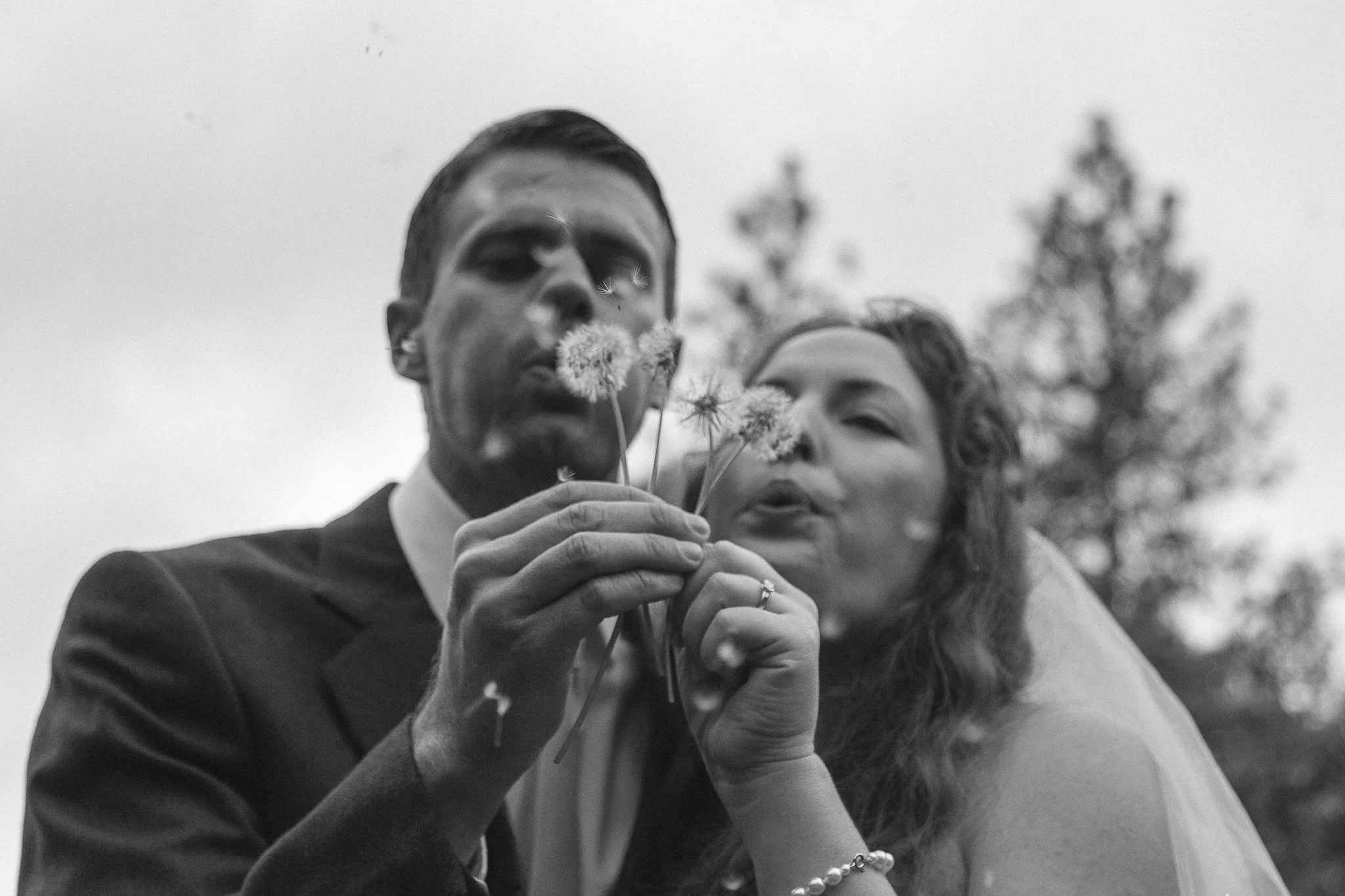 A black-and-white photo of a couple blowing dandelions outdoors, with a tree in the background.
