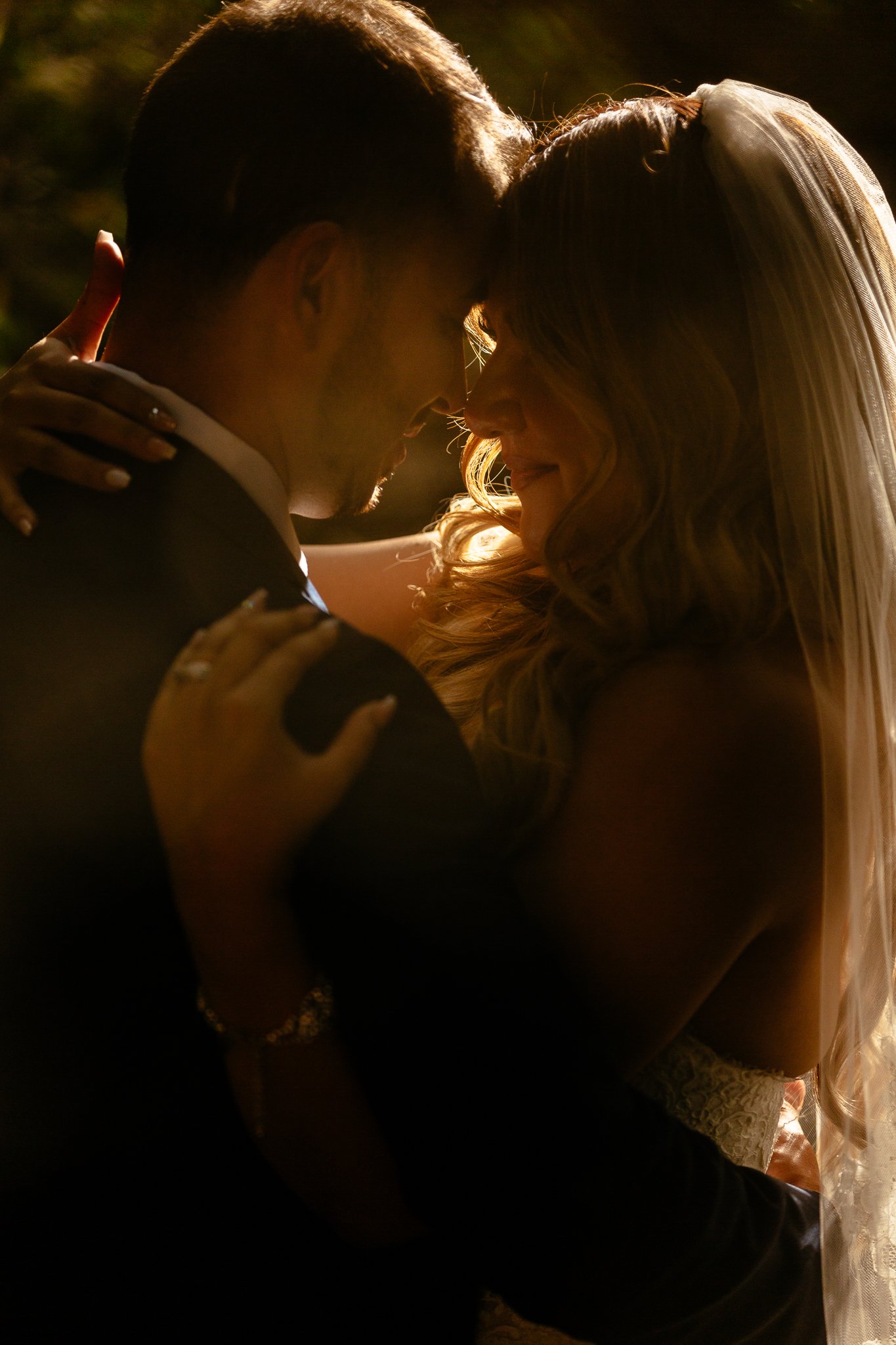 A bride and groom embrace in a close, intimate moment, their foreheads touching, with sunlight backlighting them.