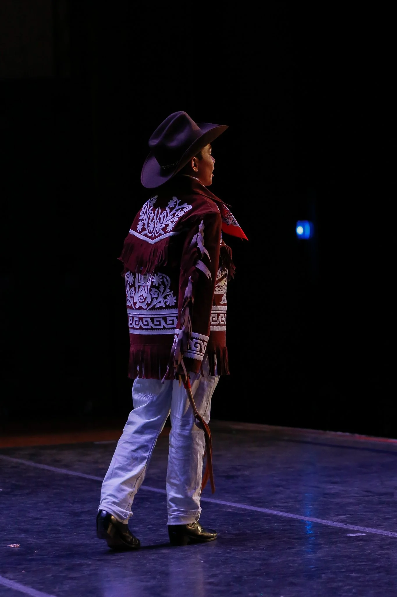 A person in a cowboy hat and traditional Western attire standing on stage, illuminated by stage lighting, with a dark background.
