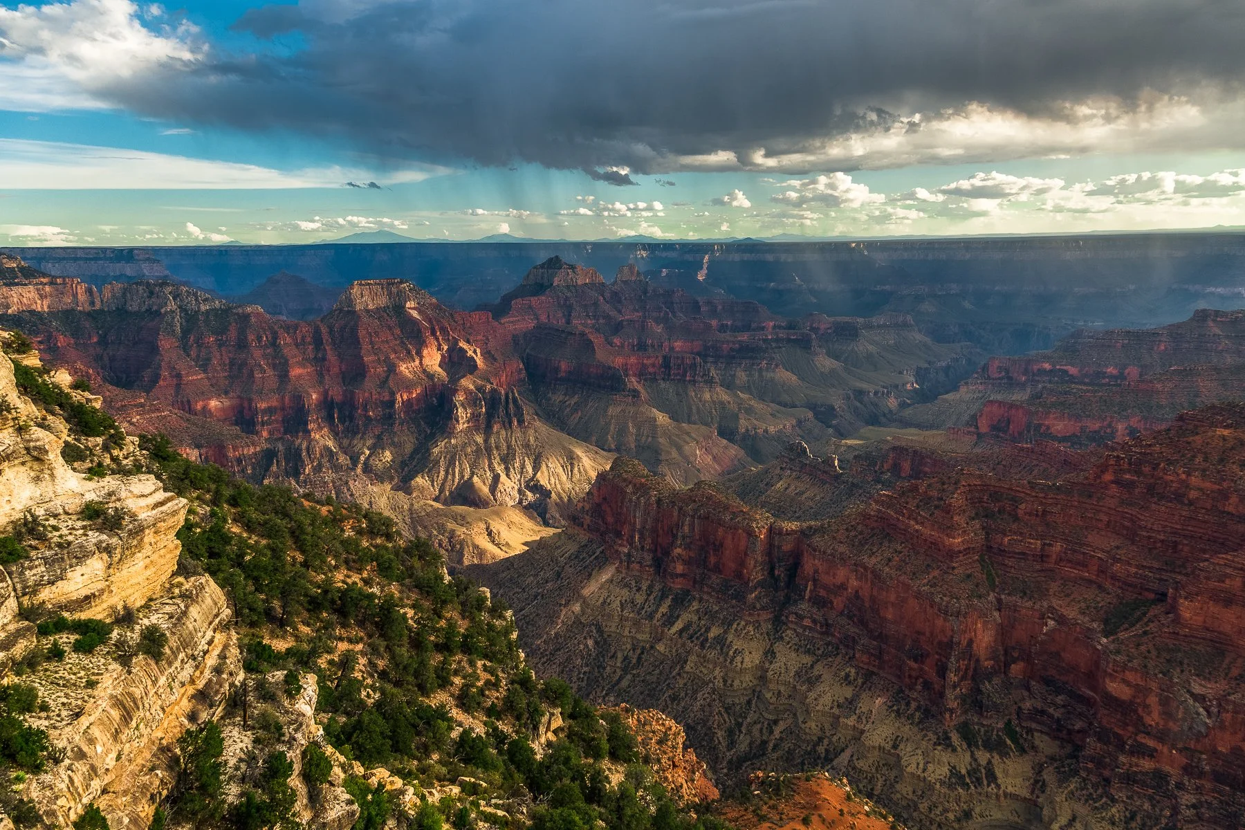 A panoramic view of the Grand Canyon with layered rock formations in various shades of red, orange, and brown under a sky with dark and light clouds, and some rain visible in the distance.