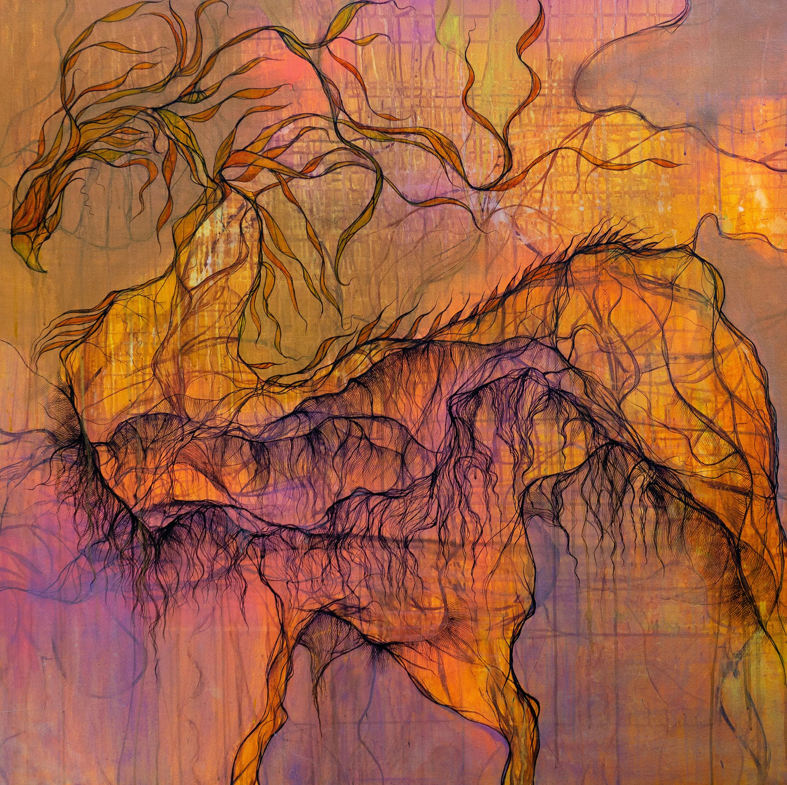 Abstract artwork featuring dark, flowing lines resembling tree roots or veins on a colorful background with shades of pink, orange, purple, and yellow.