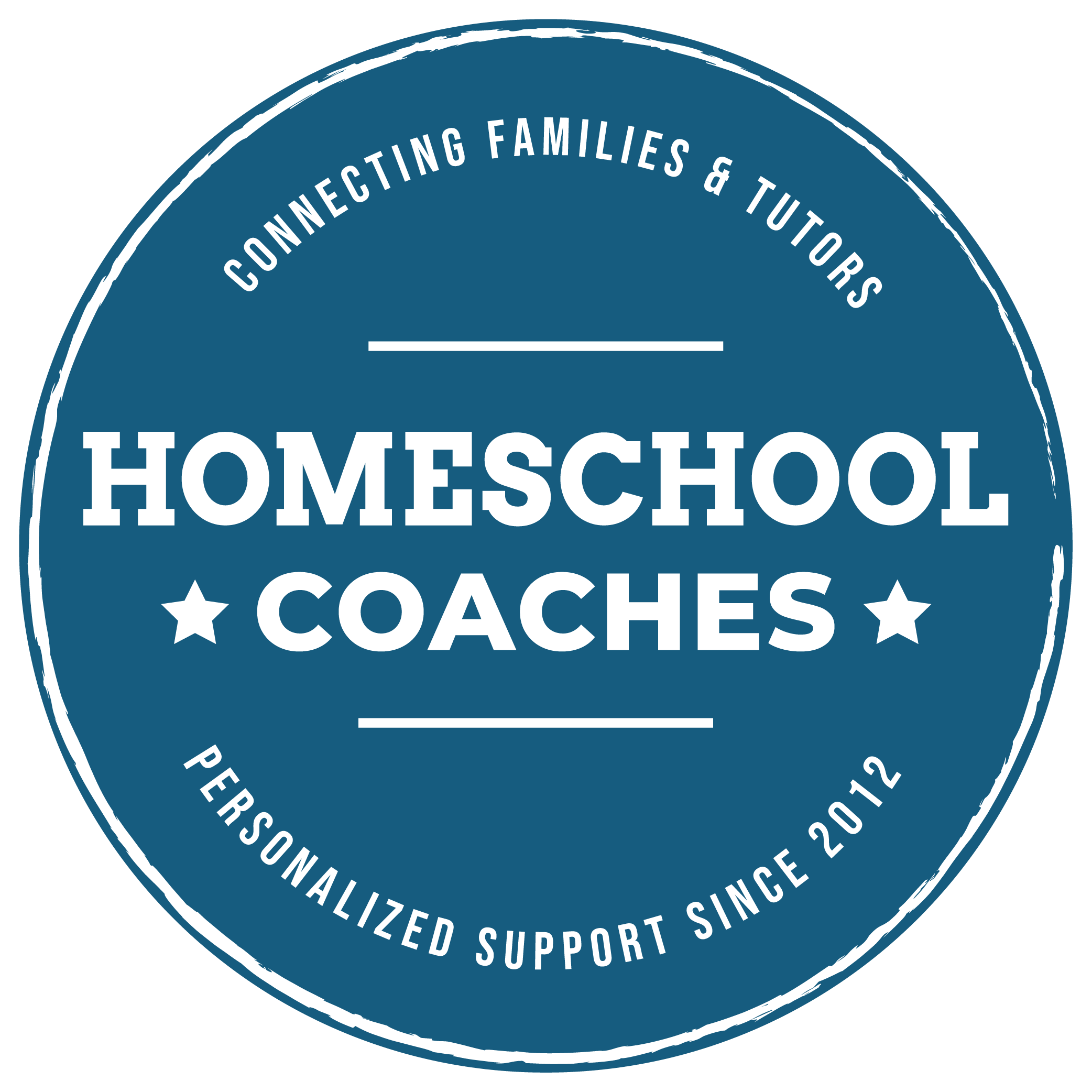 Round blue badge with white text that reads: 'Connecting Families & Tutors Homeschool', with additional smaller text around the edge that says: 'Personalized Support Since 2012' and includes stars.