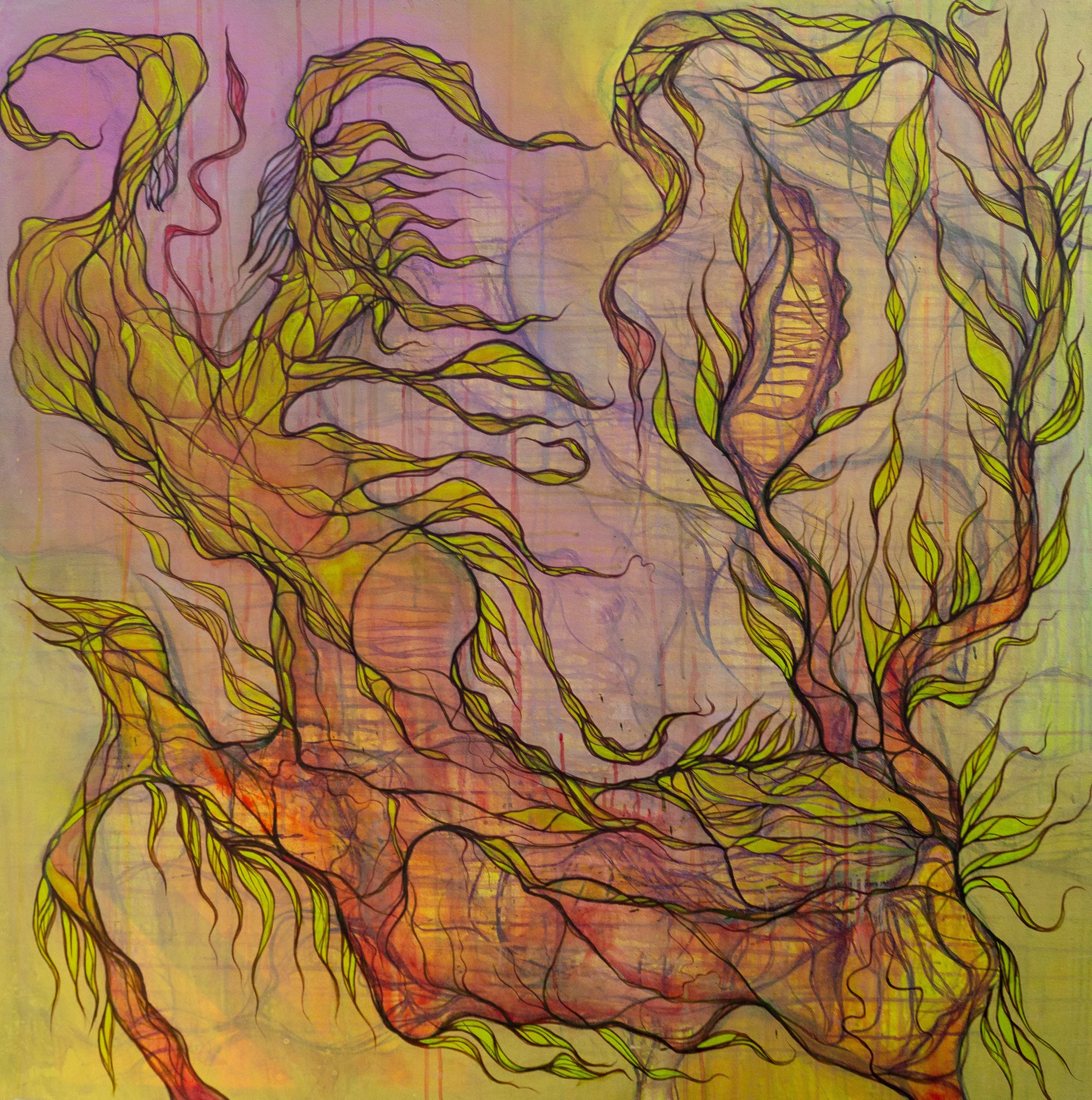Colorful abstract hand-drawn illustration of a human torso with detailed internal organ outlines and visible rib cage, with a pastel background.