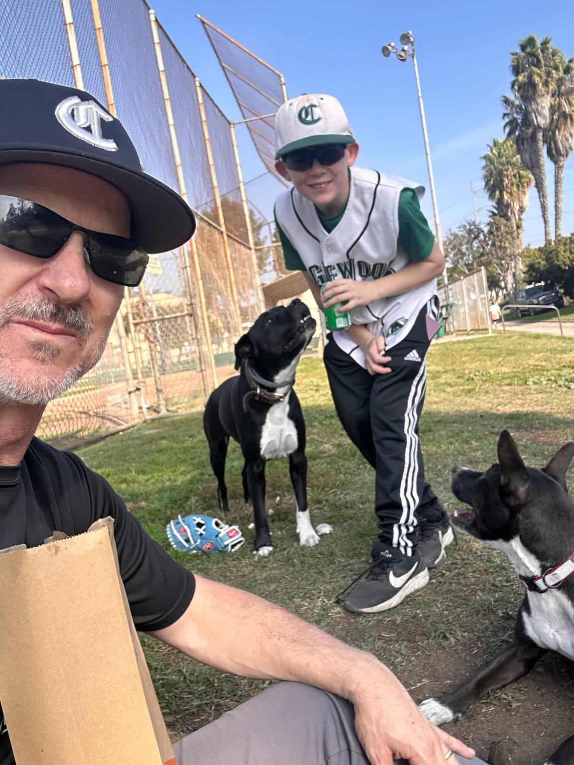 A man and a boy with two dogs at a baseball field. The man is wearing sunglasses and a baseball cap, the boy is in a baseball uniform, and they are outside on grass with palm trees and a chain-link fence in the background.