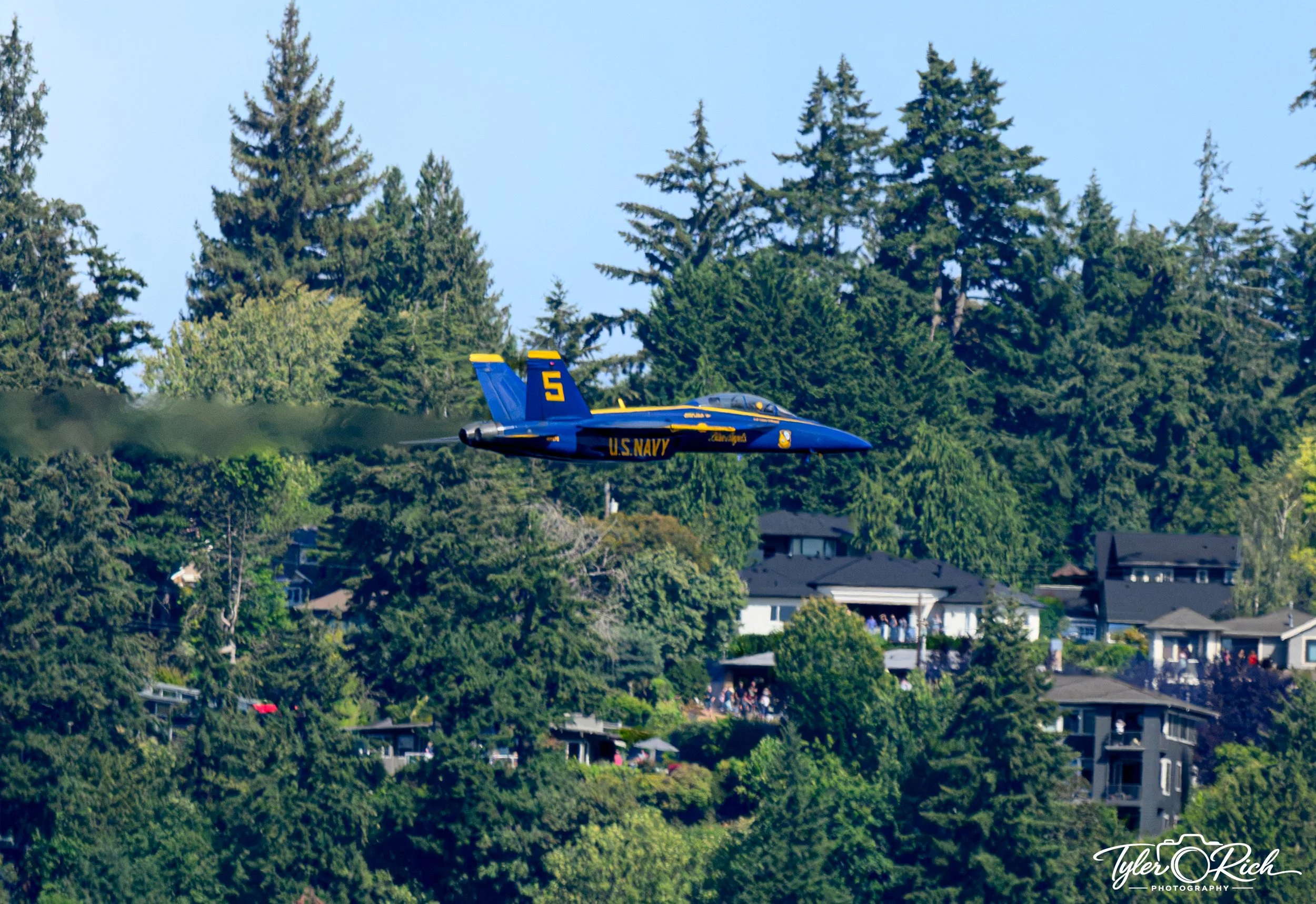 A U.S. Navy jet flying low over a residential neighborhood, with houses and trees beneath and on the horizon.