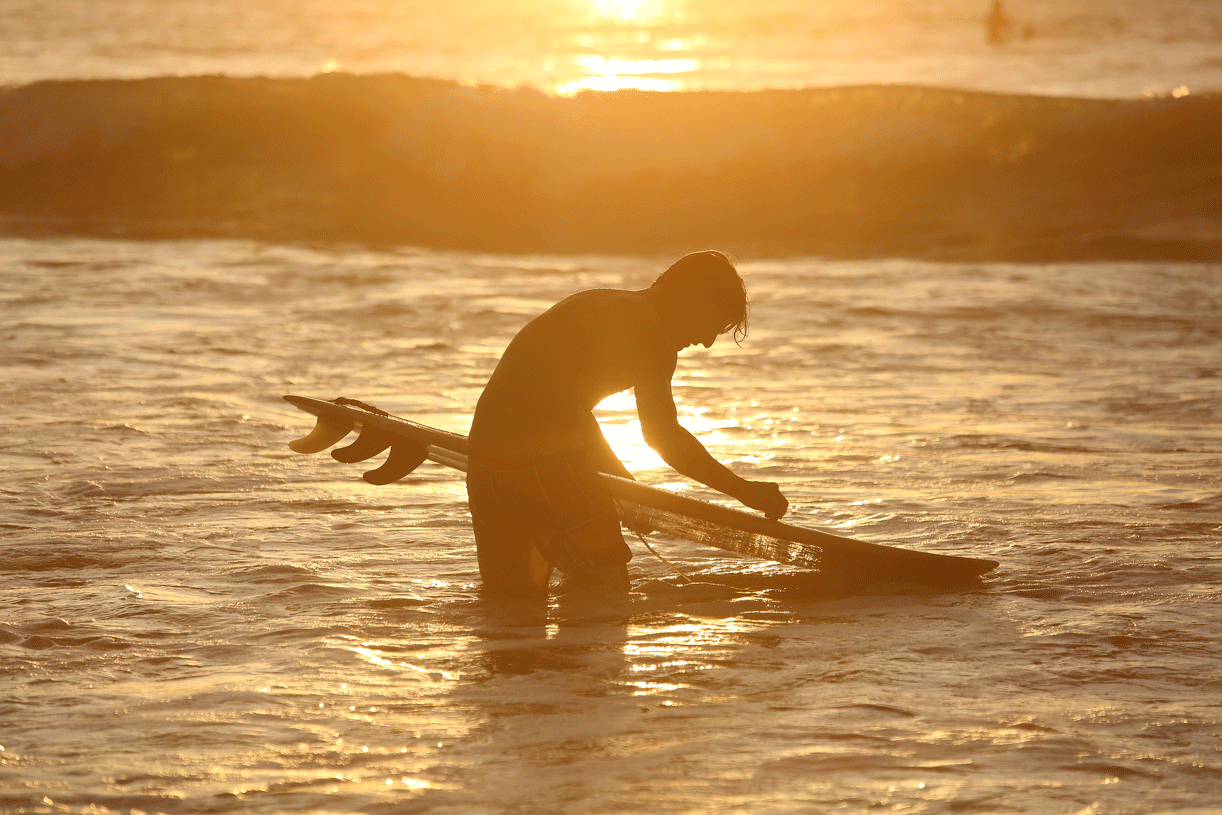 Person with a surfboard adjusting it while standing in the ocean at sunset.