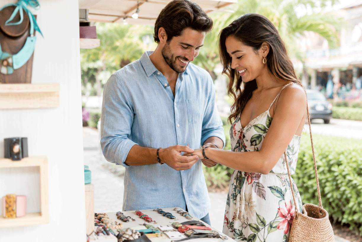 A man and woman are shopping for jewelry at an outdoor market. The man is helping the woman try on a watch.