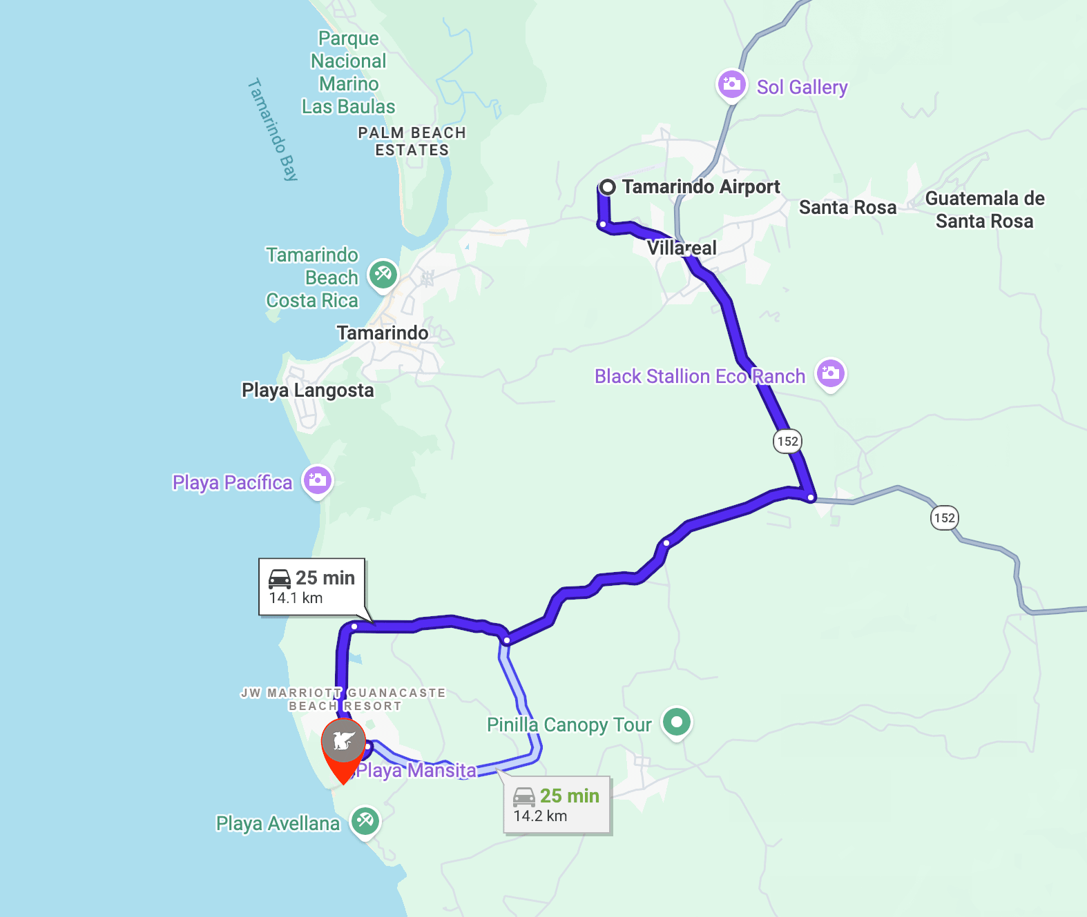 Map showing a route from Playa Mansita to Playa Avellana, passing through Playa Pacifica and Playa Langosta with travel time of about 25 minutes and distance of 14.1 km.