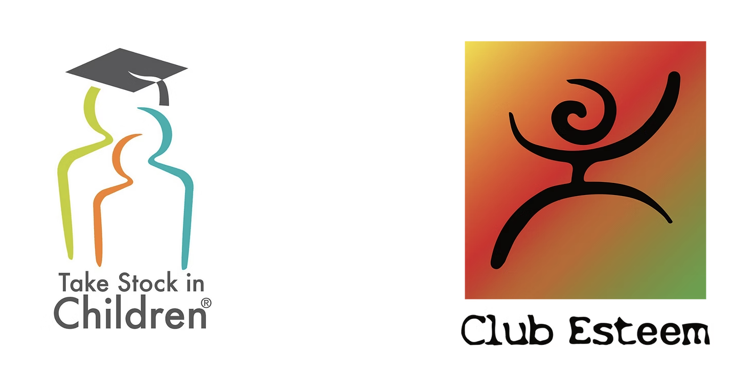 Logo of Take Stock in Children with stylized human figures and a graduation cap, next to a colorful abstract symbol with the text Club Esteem underneath.