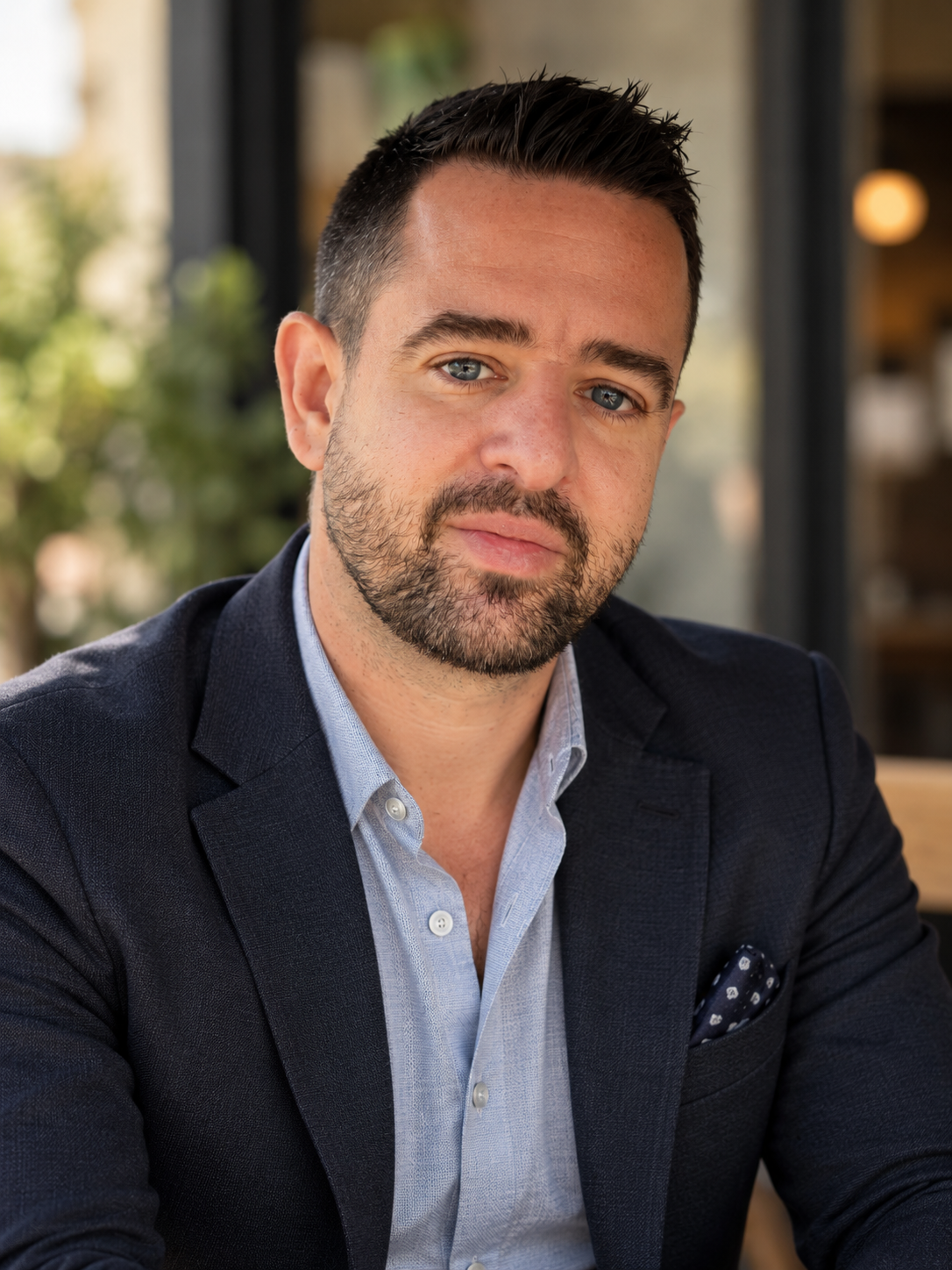 Close-up of a man with short dark hair, a beard, and blue eyes, wearing a dark blazer and light blue button-up shirt, sitting indoors with a blurred background of a window and greenery.