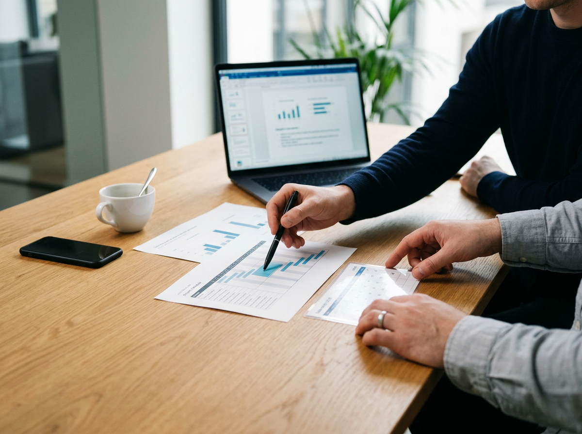 Two men discussing data reports with charts and graphs on printed papers, one pointing at the reports with a pen, while the other is holding a sheet of paper, on a wooden table with a laptop, smartphone, and a coffee mug nearby in a modern office.