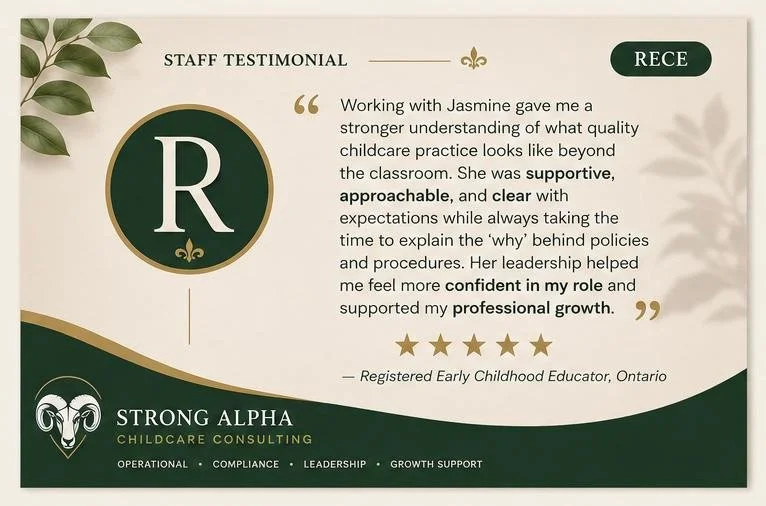 Staff testimonial for RECE from Strong Alpha Childcare Consulting, praising Jasmine for her supportive, approachable, and clear work in early childhood education, highlighting her leadership and confidence, with a five-star rating and a green and gold design.