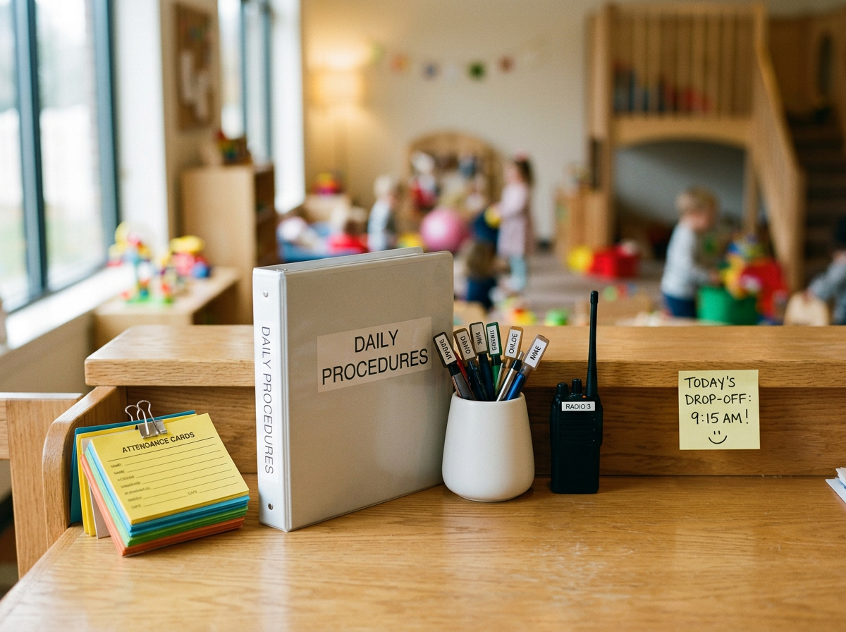 A classroom reception area with a sign for daily procedures, a clipboard with attendance cards, pens with labels, a walkie-talkie, and a note indicating the drop-off time as 9:15 AM, with blurred children playing in the background.