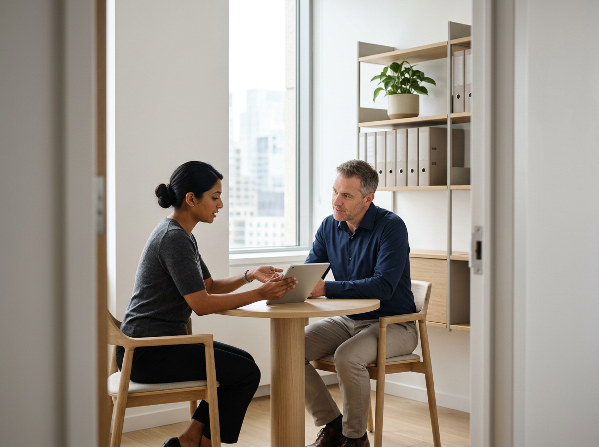 Two people, a woman and a man, sitting at a round table in a modern office, looking at a tablet together.
