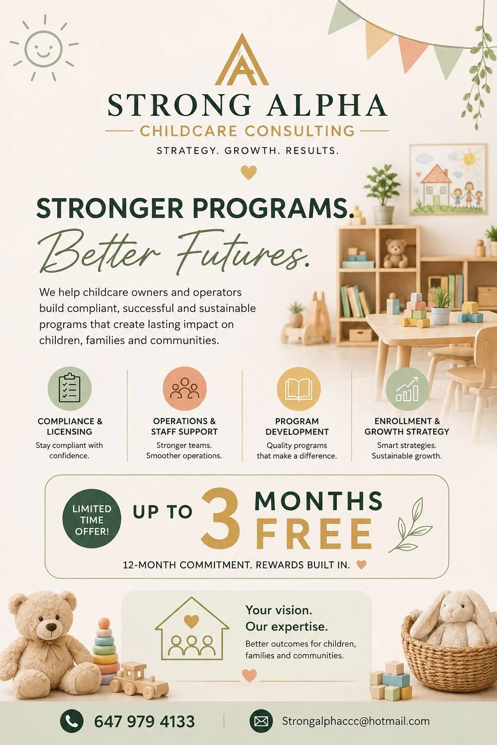 Flyer for Strong Alpha Childcare Consulting featuring soft pastel colors, playful toys, and child-themed artwork, emphasizing stronger programs and community impact.