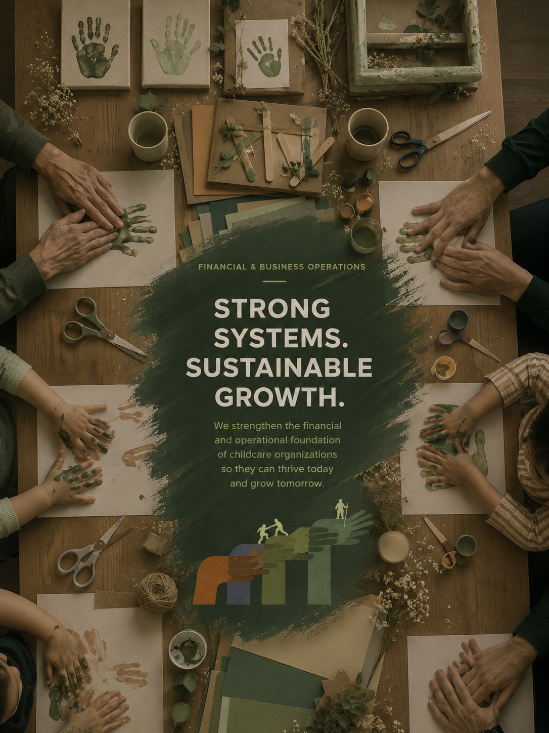 Children and adults creating handprint art at a crafting table dedicated to promoting financial and business operations for sustainable growth.
