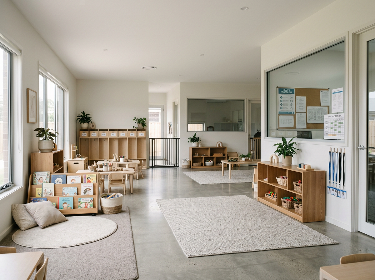 Bright and clean preschool classroom with books, rugs, and educational materials arranged neatly on wooden shelves and tables.