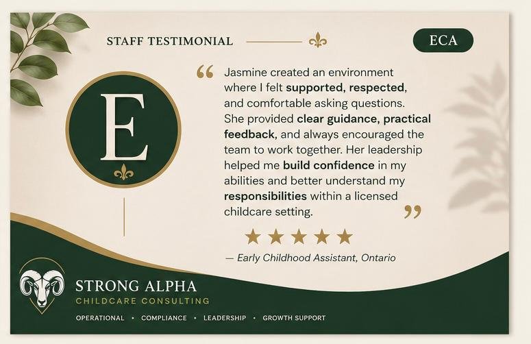 A professional testimonial card featuring a positive staff review for Jasmine, highlighting her support, respect, guidance, and leadership in a licensed childcare setting. The card includes a large initial 'E', a strong alpha logo with a ram's head, and keywords like operational, compliance, leadership, and growth support.