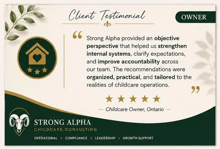 Client testimonial from a childcare owner praising Strong Alpha for providing objective perspectives, strengthening internal systems, clarifying expectations, and improving accountability, with a five-star rating and a green and gold color scheme.