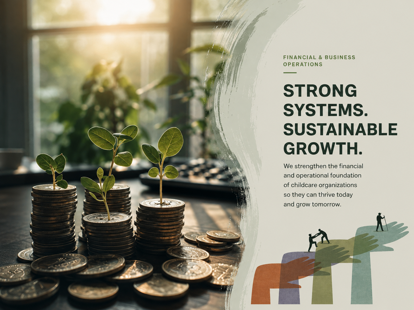 Stacks of coins with small plants growing on top, symbolizing financial growth, set on a desk with blurred window background on the left side of the image. On the right side, an infographic with green, blue, purple, and red bars, and small figures climbing or reaching the top, referencing financial stability and growth.