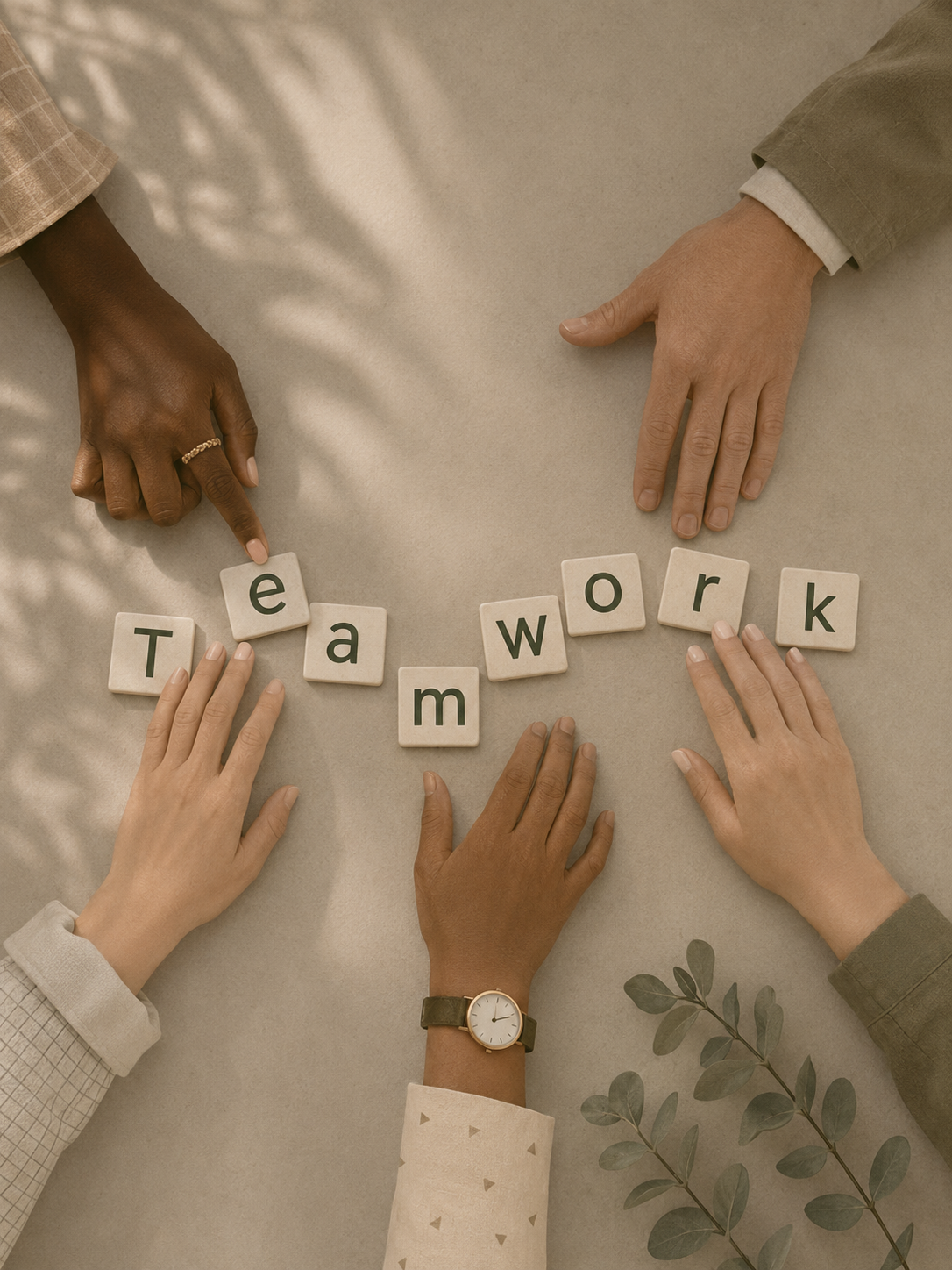 Four hands of diverse skin tones on a neutral table with Scrabble tiles spelling 'teamwork' and green leaves nearby.