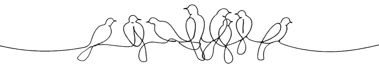 Line art illustration of multiple birds perched on a wire illustrating Anne Lamott's quote “Bird by bird, buddy. Just take it bird by bird.”